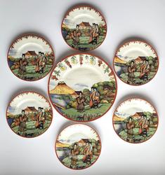 Ćmielów. Komplet 7 talerzy porcelanowych z motywem orientalnym, japońskim.
