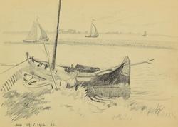 Pejzaż holenderski z łodziami.